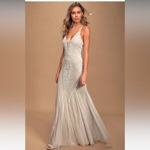 Lulus White & Nude Beaded Maxi Dress